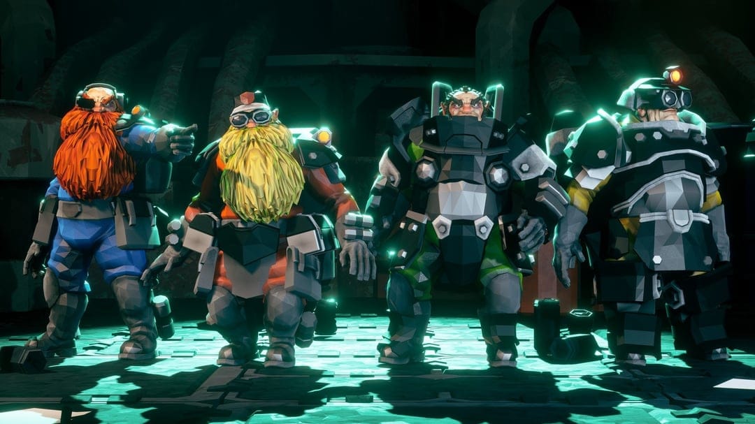 Four space dwarves in heavy armor stand together in a dark cave illuminated by glowing cyan floor lights.