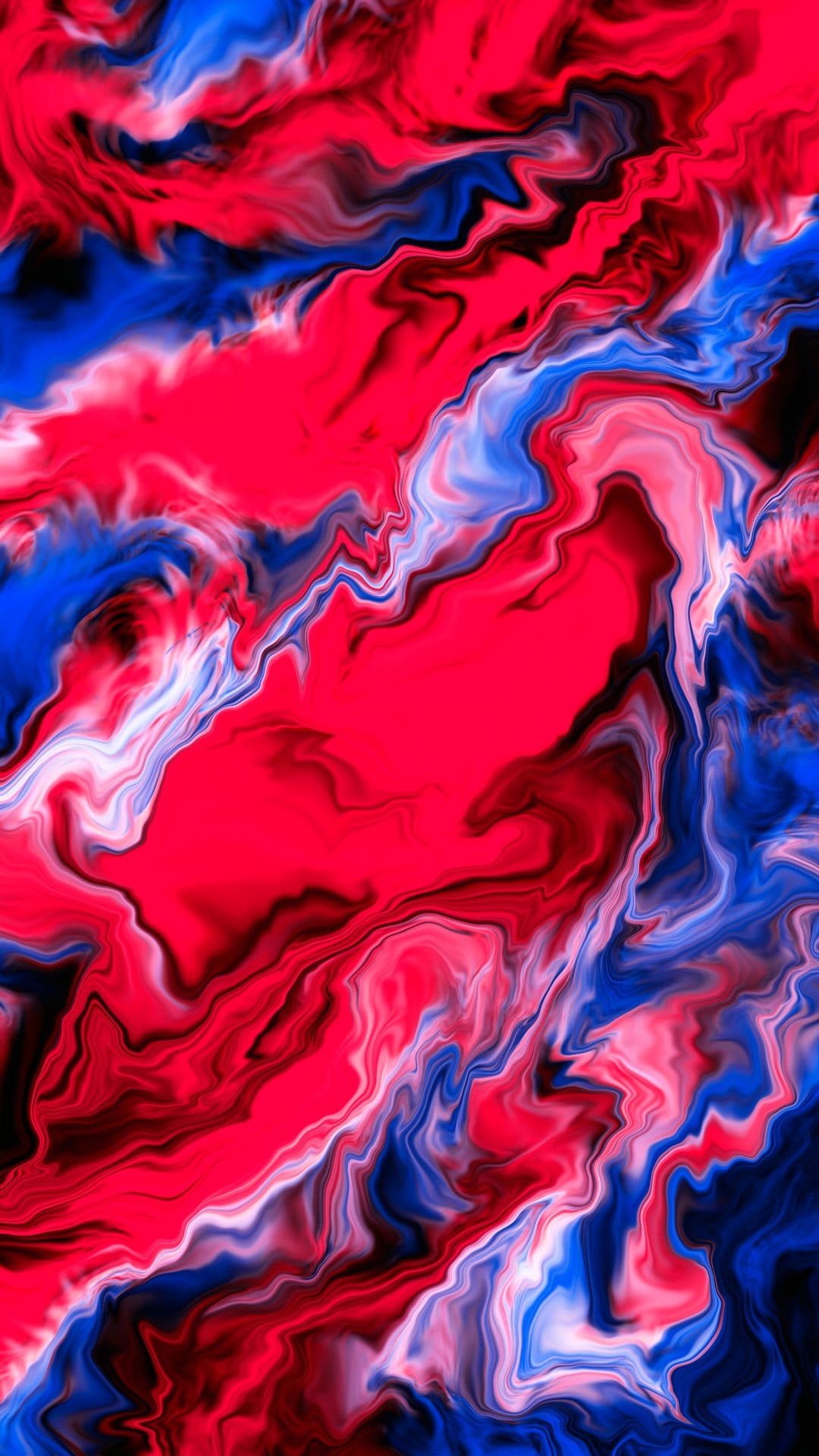 Red, white, and blue fluid swirls intermingle in a dynamic marble pattern with high-contrast liquid textures.