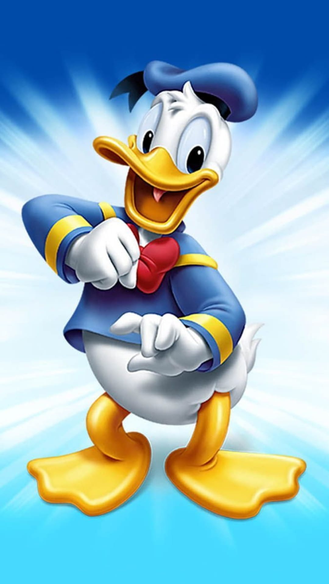 Donald Duck wearing a blue sailor outfit and red bow tie against a sunburst background on a mobile screen.