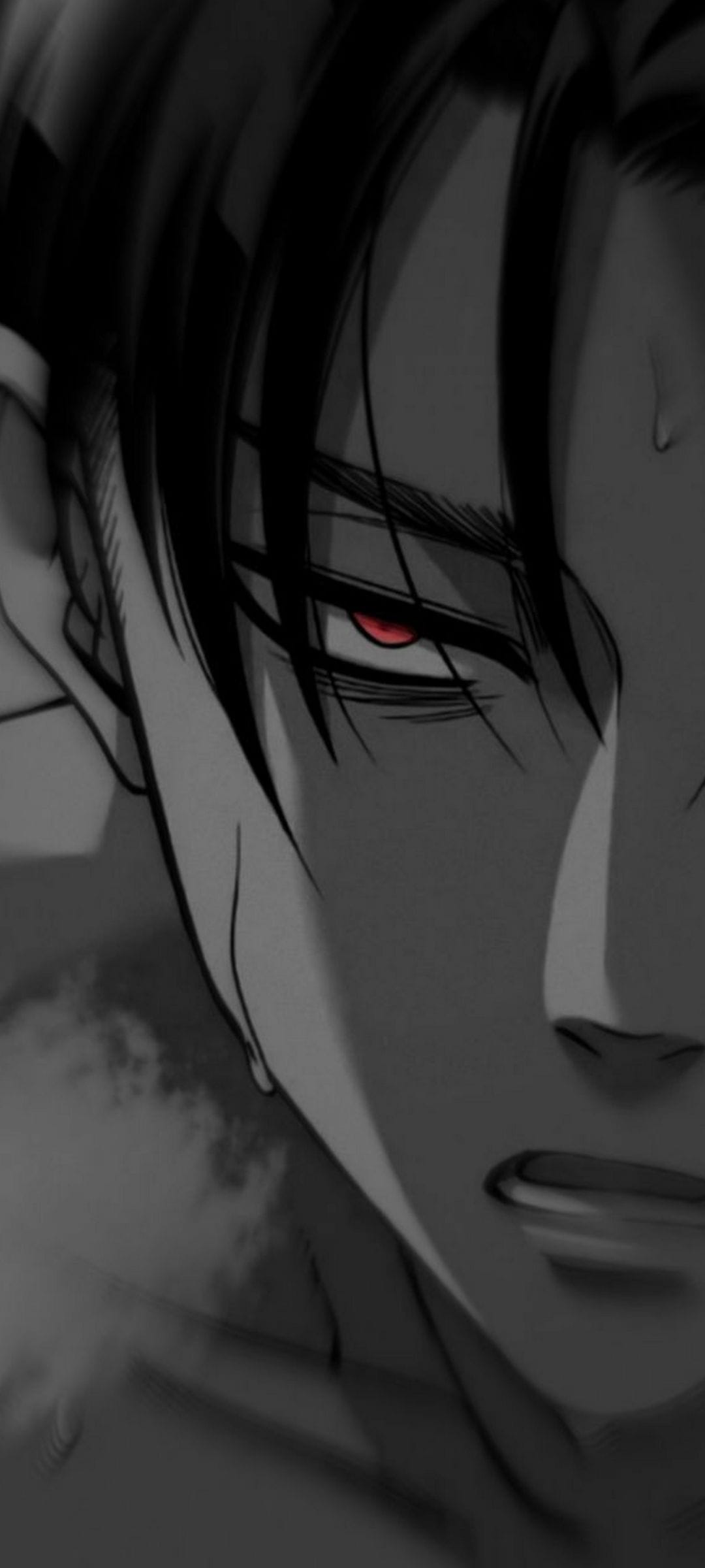 Anime character with dark messy hair features a glowing red iris amidst a grayscale shaded facial close-up.