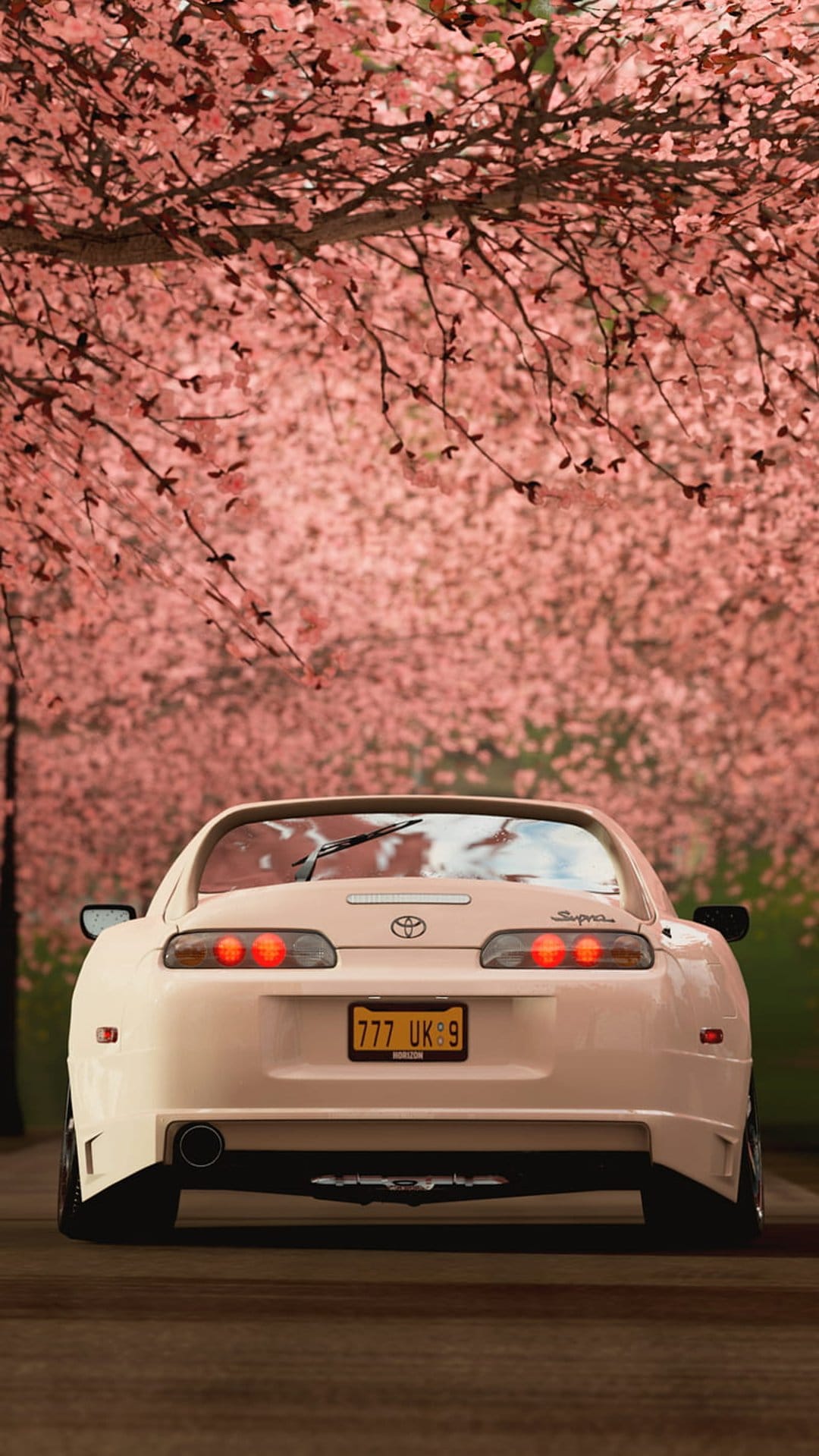 White Toyota Supra rear view parked under pink cherry blossom trees with red taillights and yellow license plate.