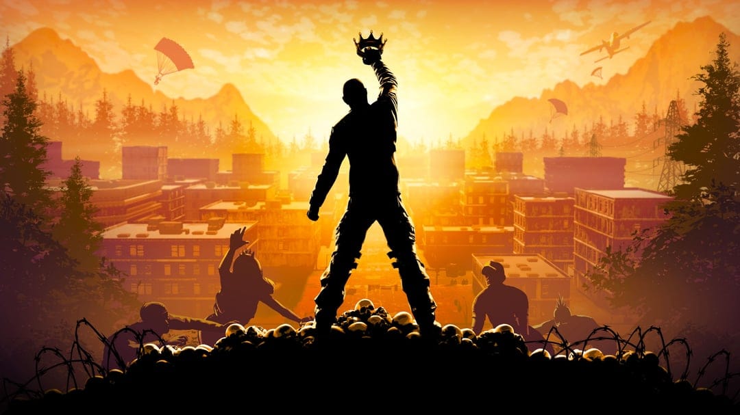 Silhouette of a man holding a crown atop skulls with a post-apocalyptic city and orange sunset behind him.
