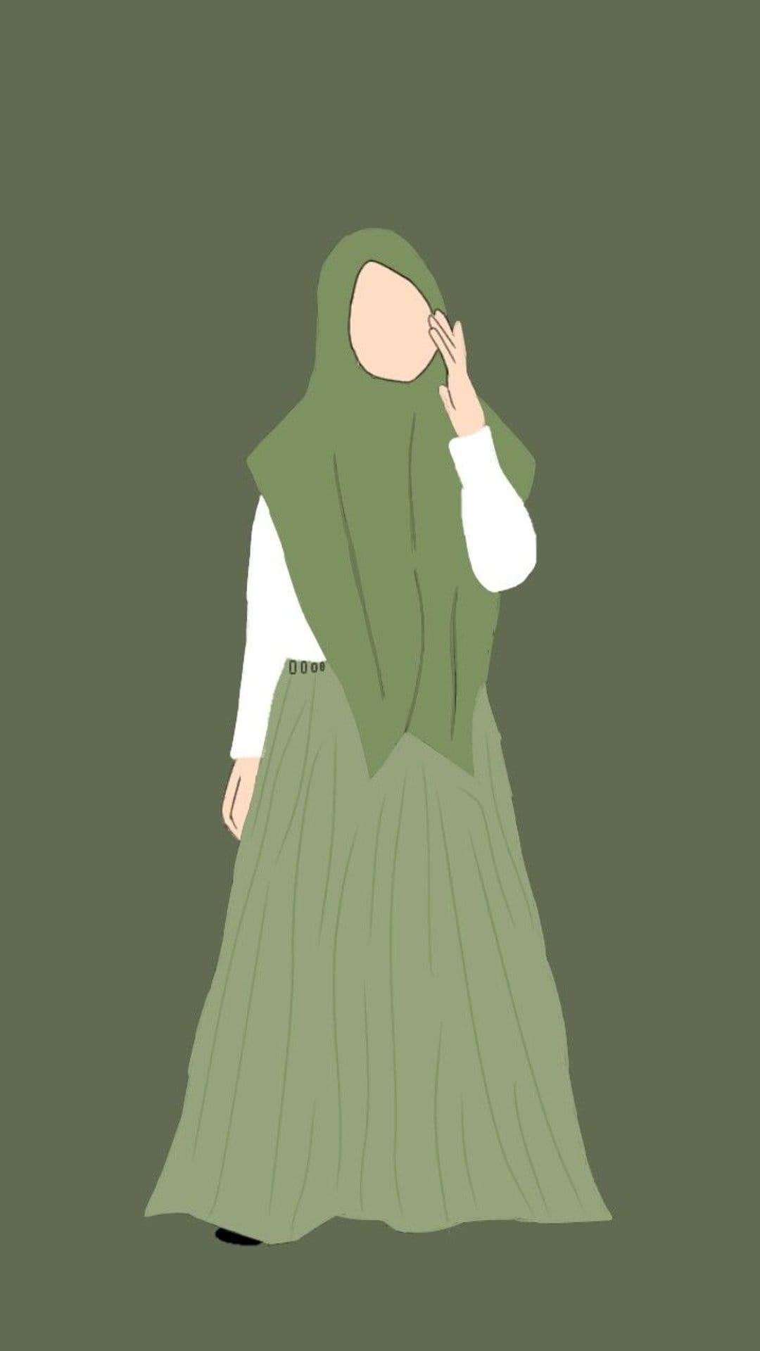 Woman in a green hijab and pleated skirt stands against a solid green background with a hand raised to her face.