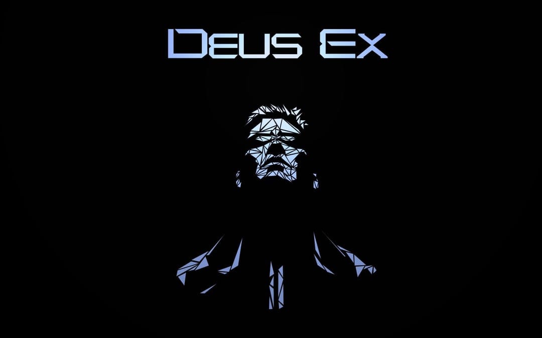 JC Denton rendered in blue geometric polygons centered on a black background with Deus Ex title text above.