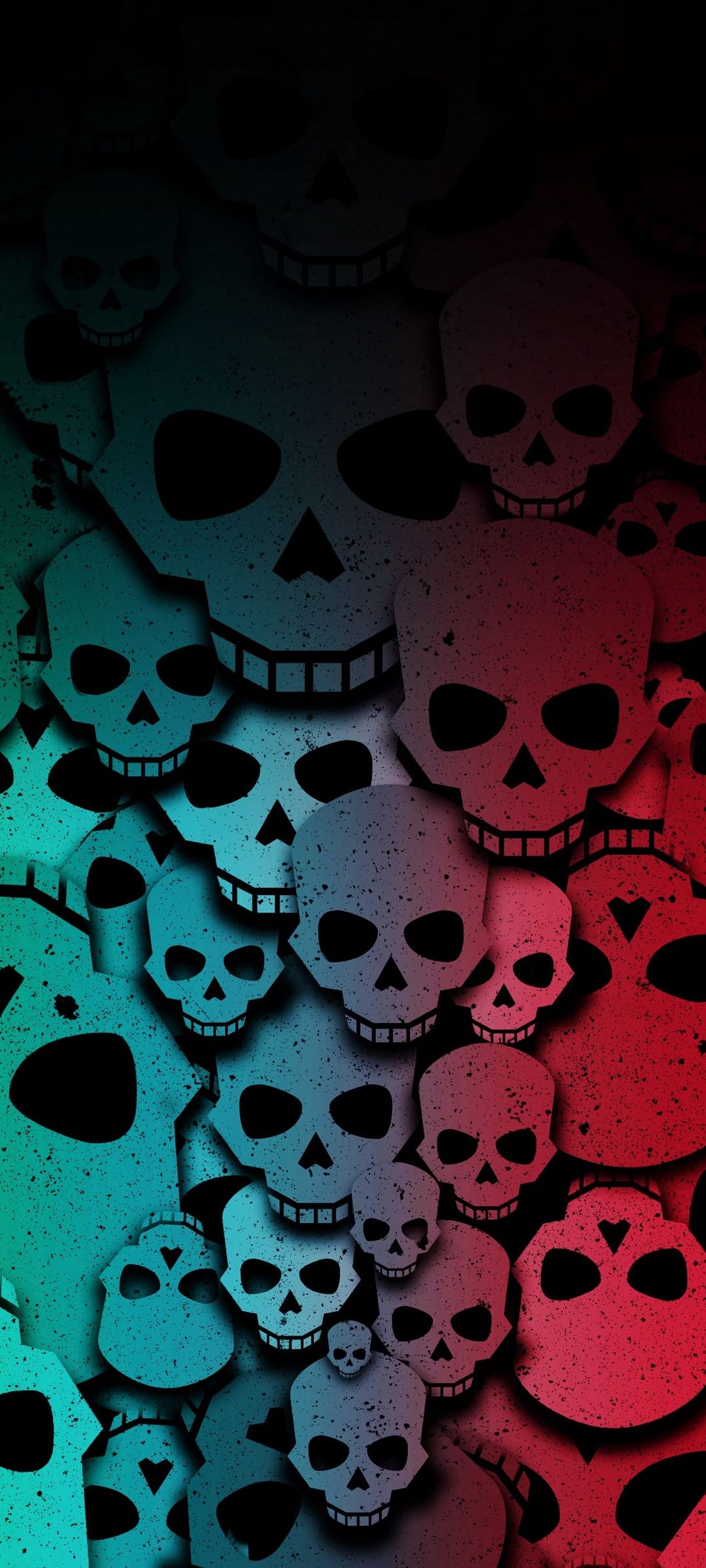 Skulls stacked together under a split red and teal lighting effect with rough bone textures and deep shadows.