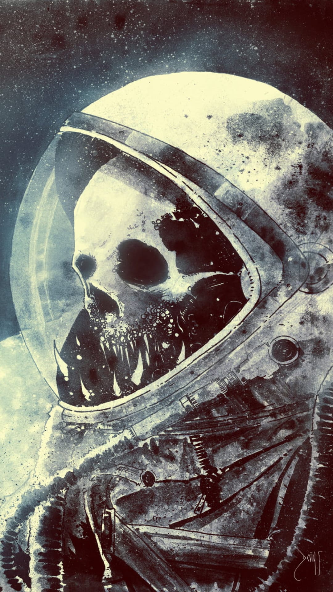 Decaying human skull with sharp teeth wearing a cracked astronaut helmet against a starry nebula background.