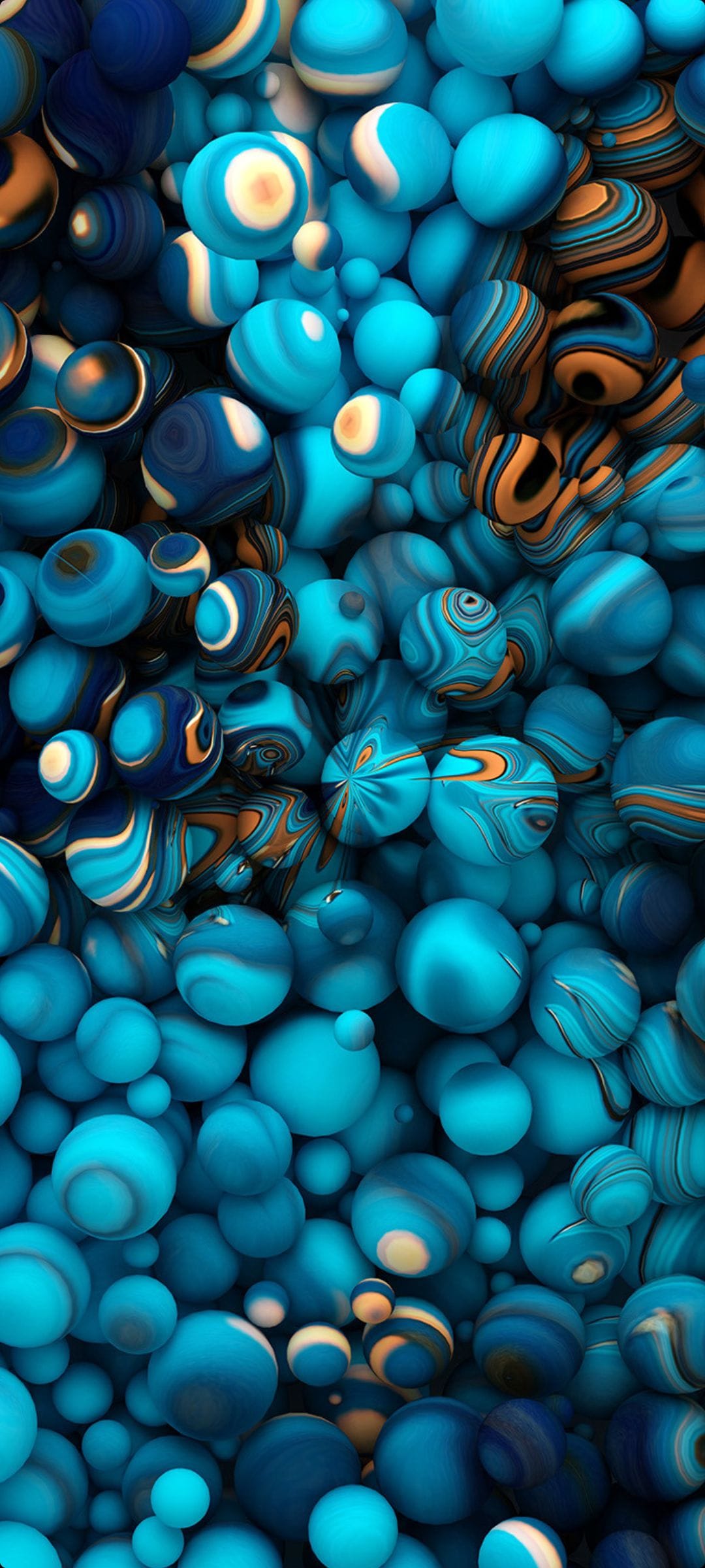 Overlapping 3D spheres with blue and teal marbled patterns, featuring smooth textures and orange accents.