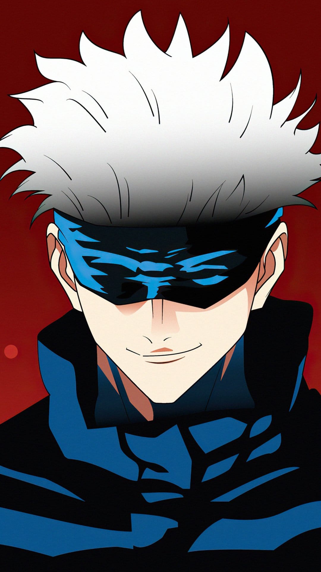 Gojo Satoru with spiky white hair and a blue blindfold smirks against a minimalist vibrant red backdrop.