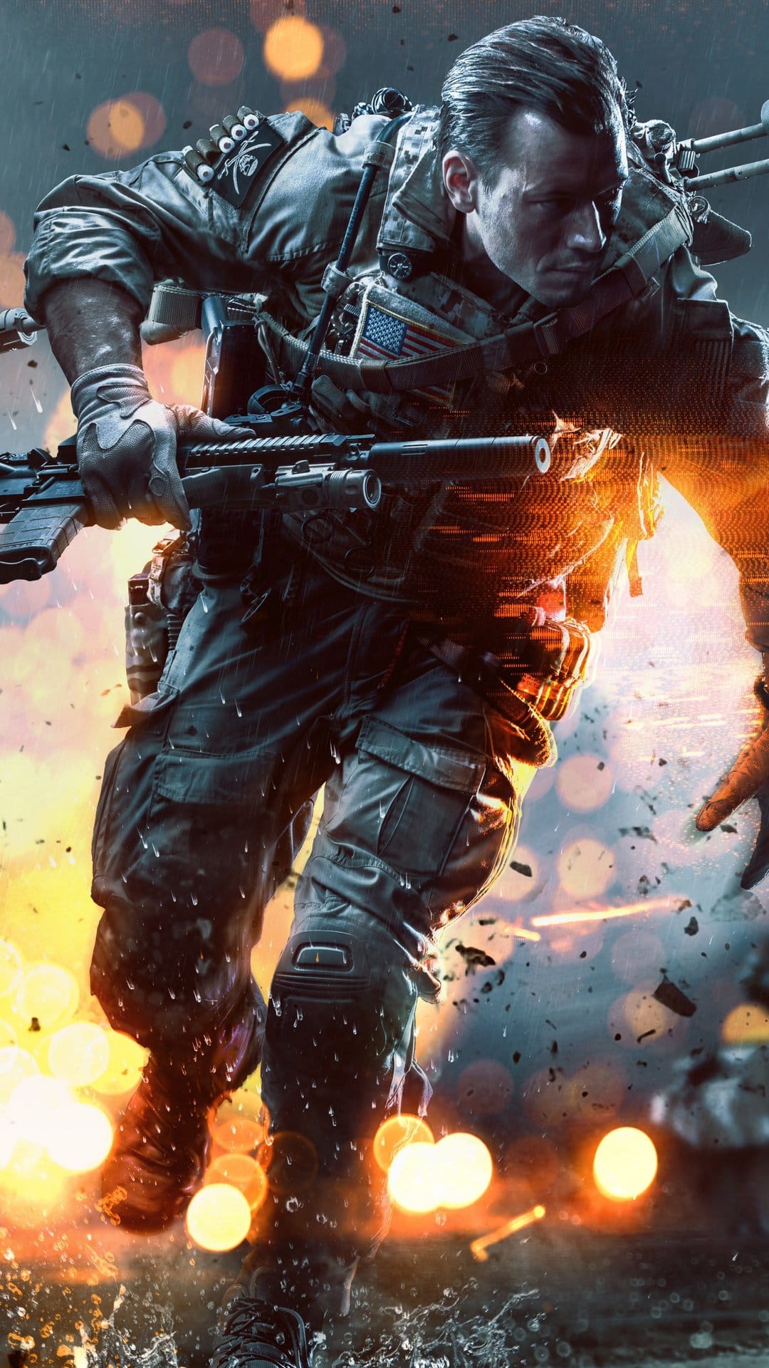 Soldier in tactical gear running with a rifle through rain and glowing fire embers on a dark battlefield.