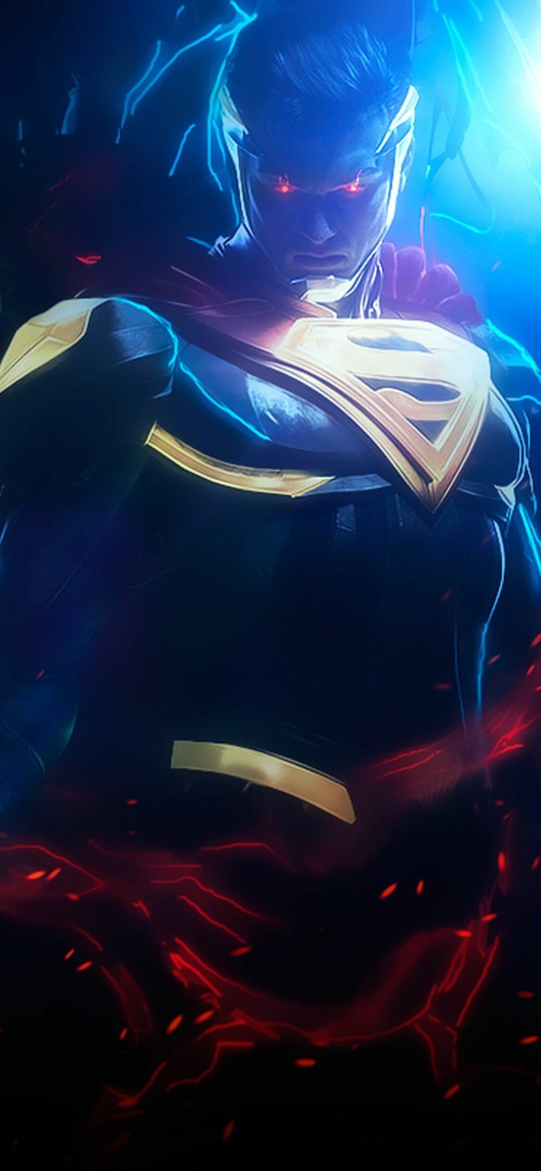 Armored Superman with glowing red eyes, golden chest emblem, and blue electric energy on a dark background.