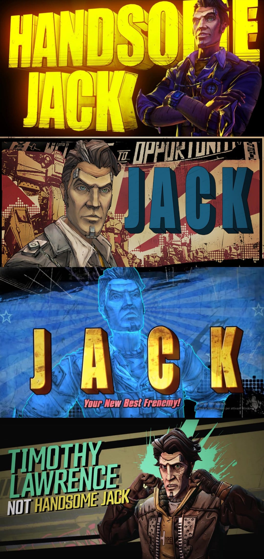 Collage of four Borderlands intro cards featuring Handsome Jack and Timothy Lawrence in cel-shaded art.