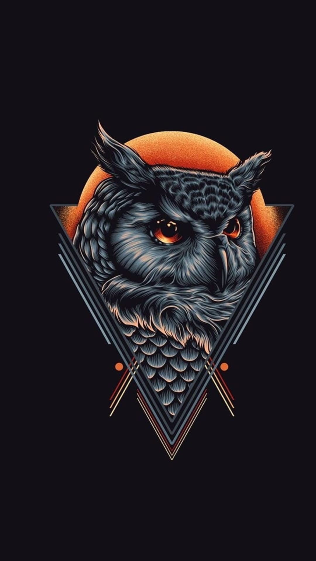 Symmetrical owl face with orange eyes framed by a geometric triangle and orange moon on a black background.