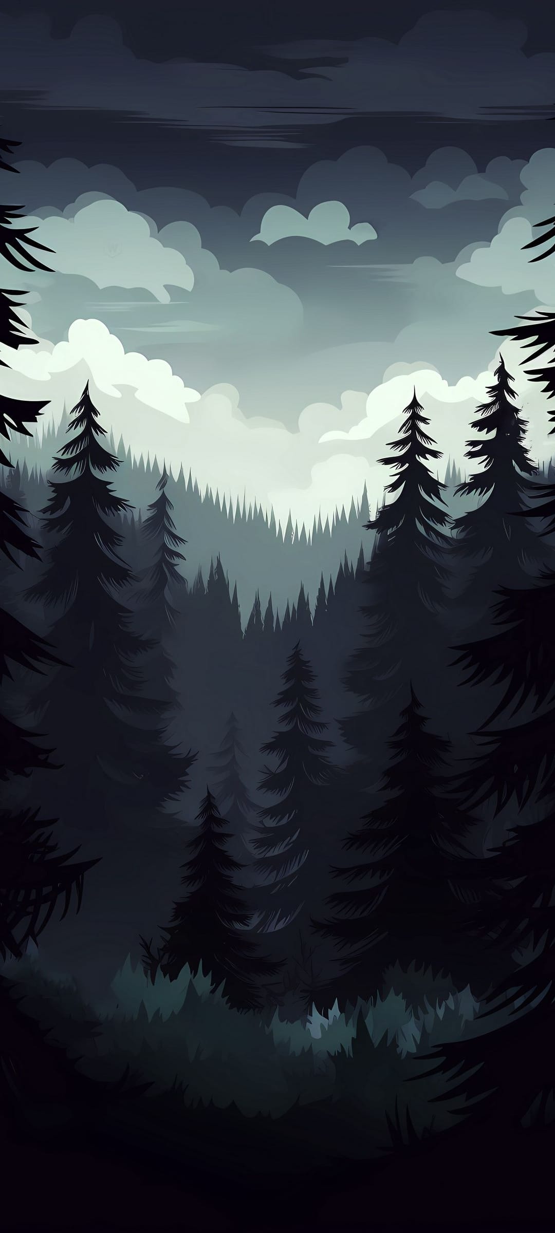 Dense pine trees silhouetted against a dark overcast sky at twilight creates a mysterious forest landscape.