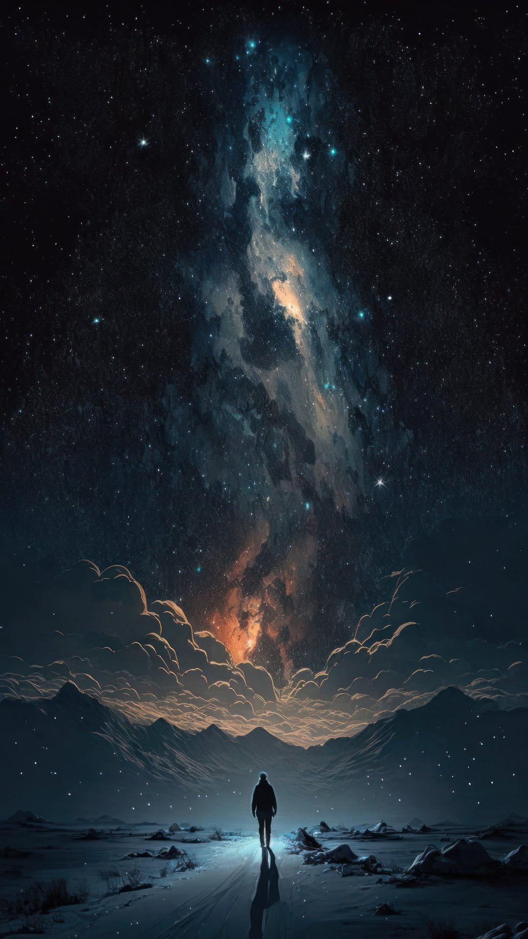 Person in silhouette stands on a glowing path facing a purple nebula above snowy mountains under a starry sky.