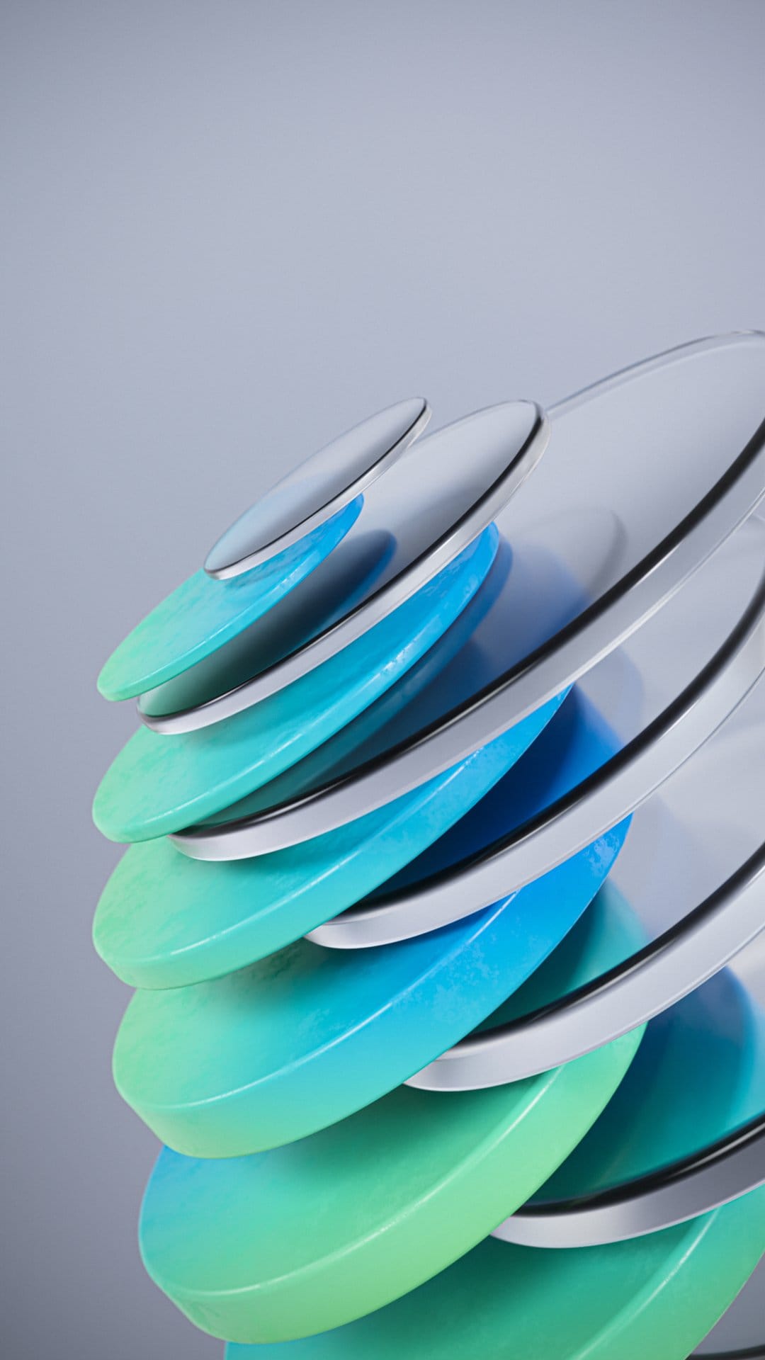 Metallic silver-edged discs stacked in a blue and green gradient spiral against a minimalist dark background.