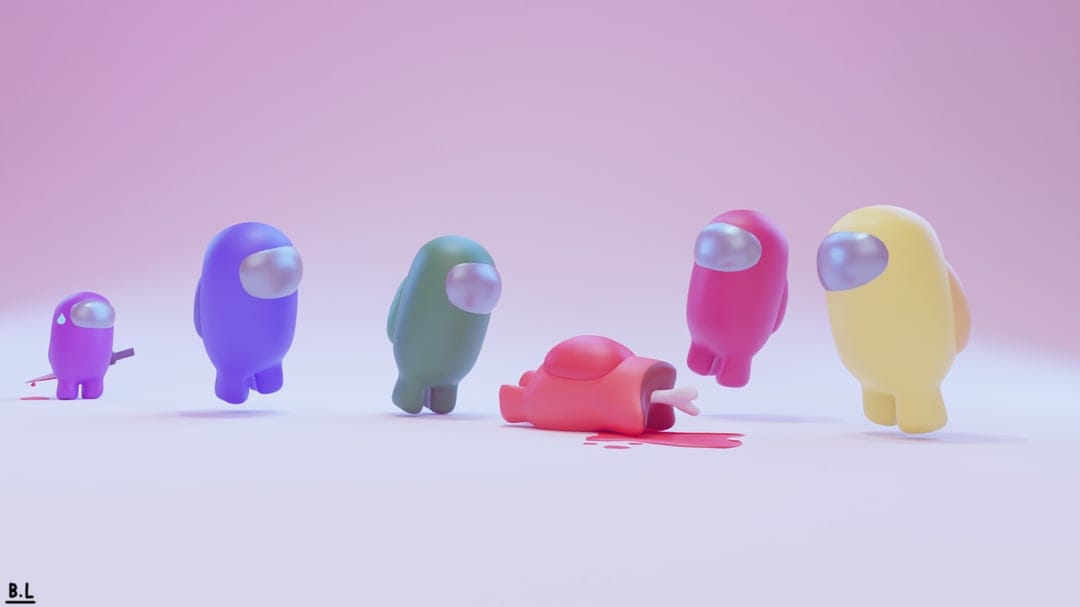 3D Among Us crewmates stand over a red body while a purple impostor sneaks away on a soft pink background.