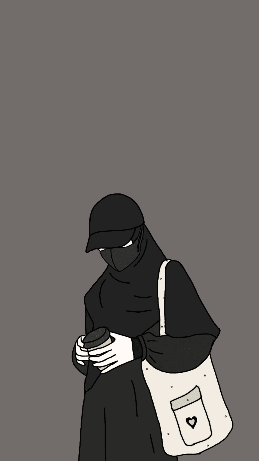 Muslim woman wearing a black niqab, baseball cap, and heart tote bag while holding a disposable coffee cup.