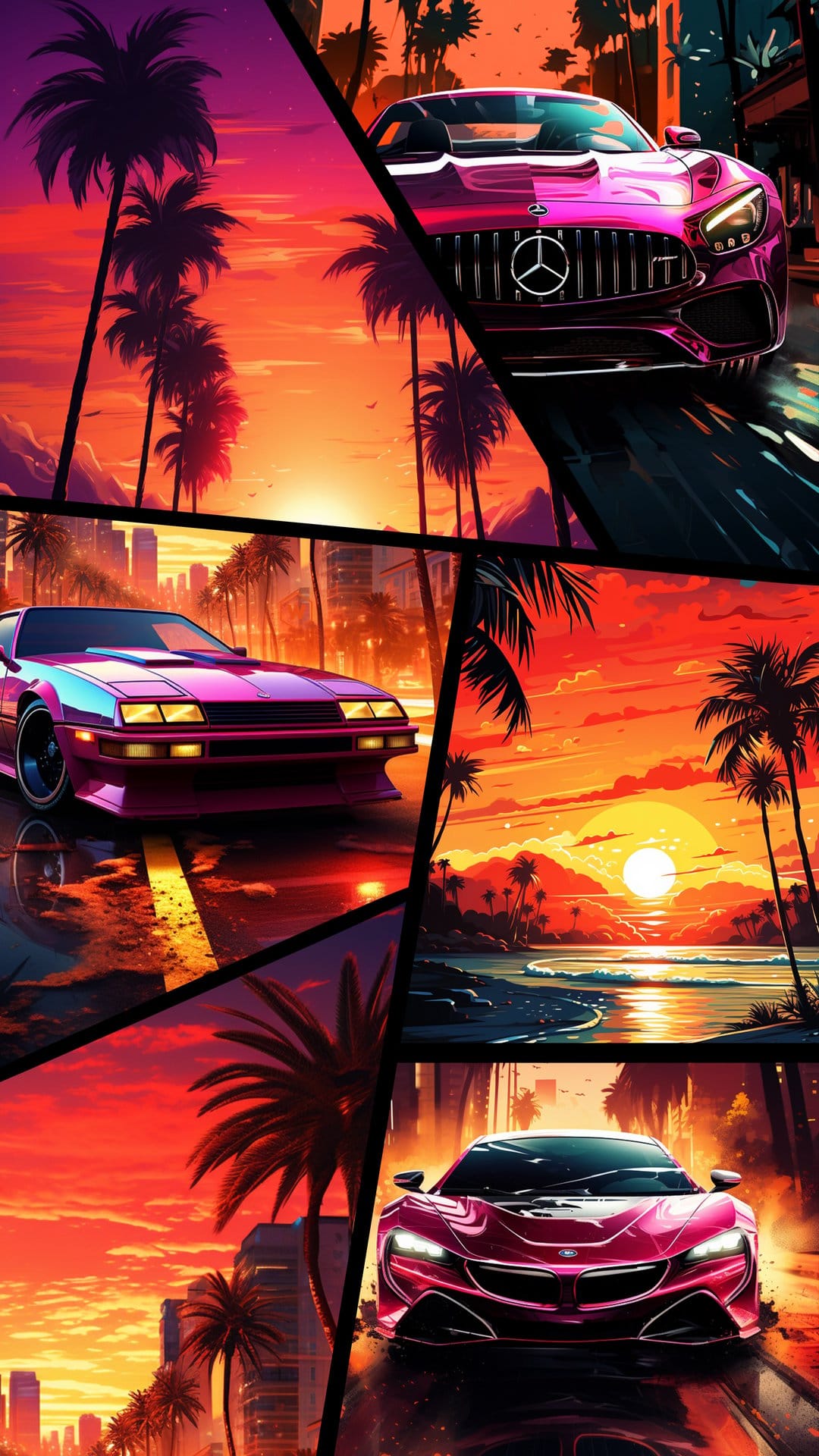 Two sleek sports cars drive through a neon city lined with palm trees under a pink and purple sunset sky.