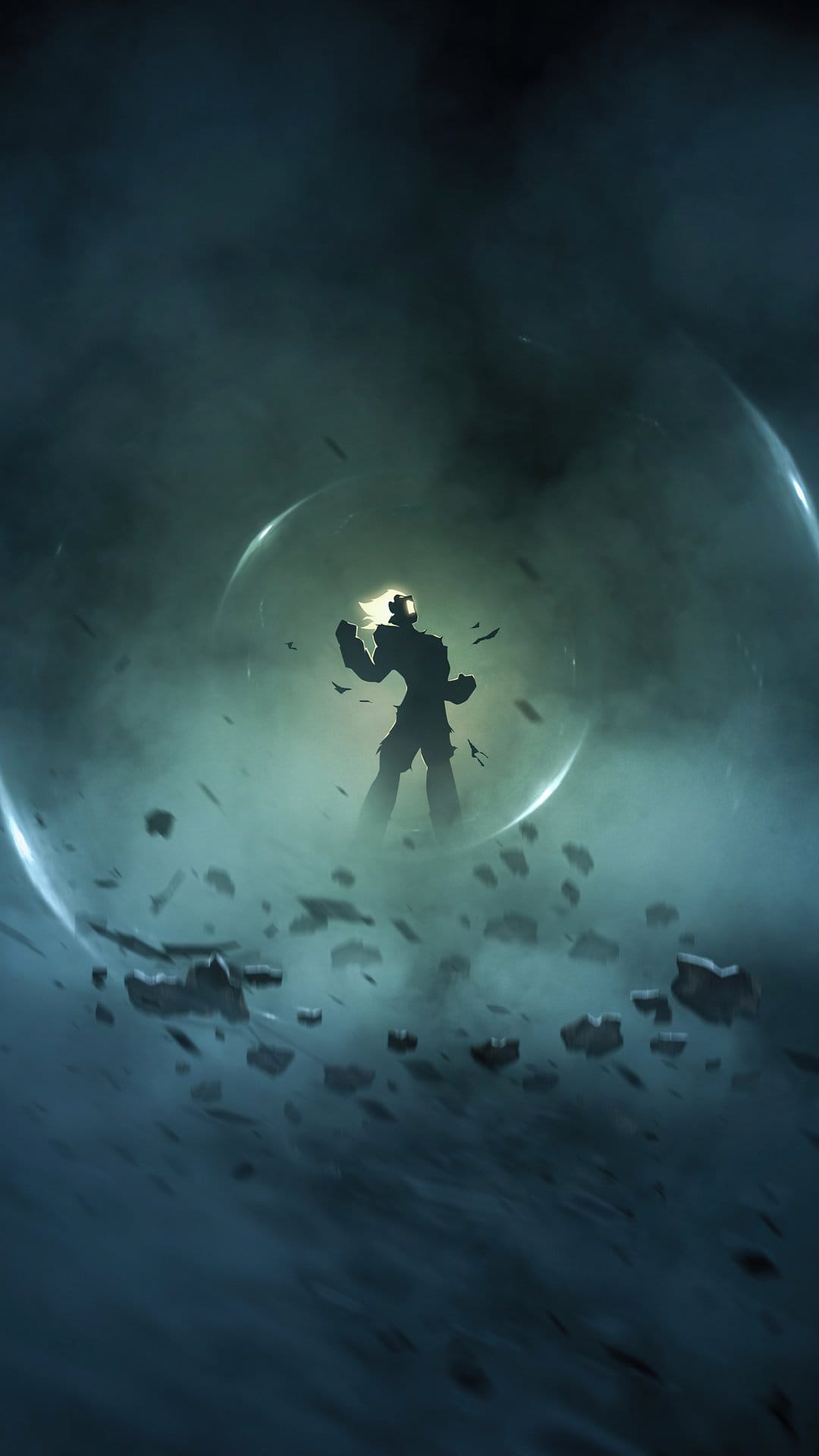 Dark silhouette of a figure protected by a glowing translucent shield amidst swirling mist and floating ash.