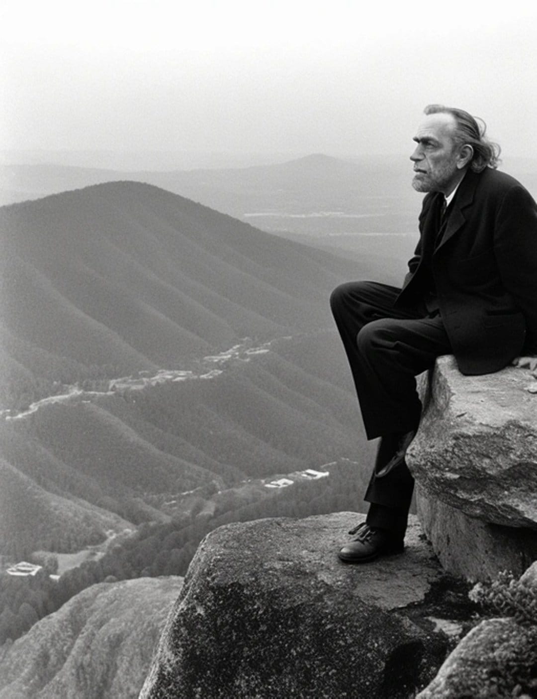 Man in a dark suit sits on a high cliff edge looking out over a misty mountain valley in black and white.