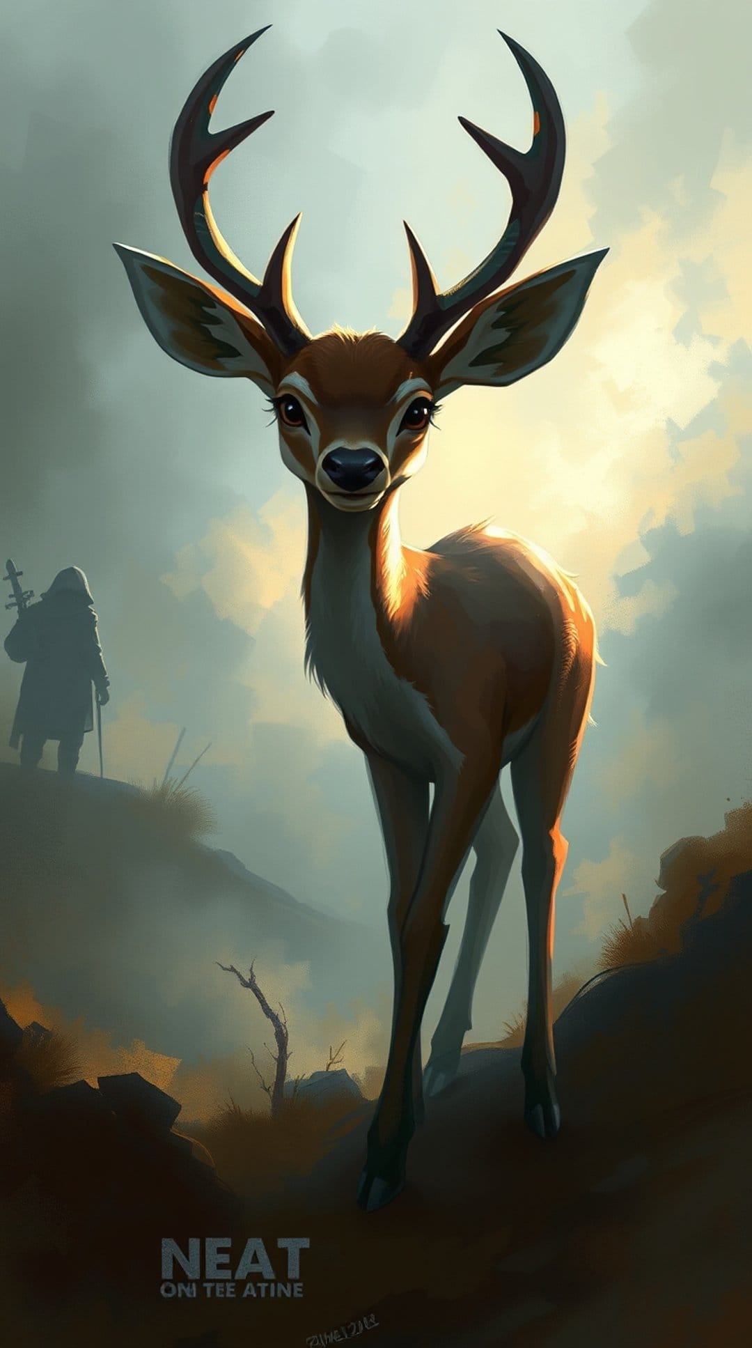 Large stag with wide antlers stands on a rocky ledge overlooking a foggy valley during a golden sunrise.