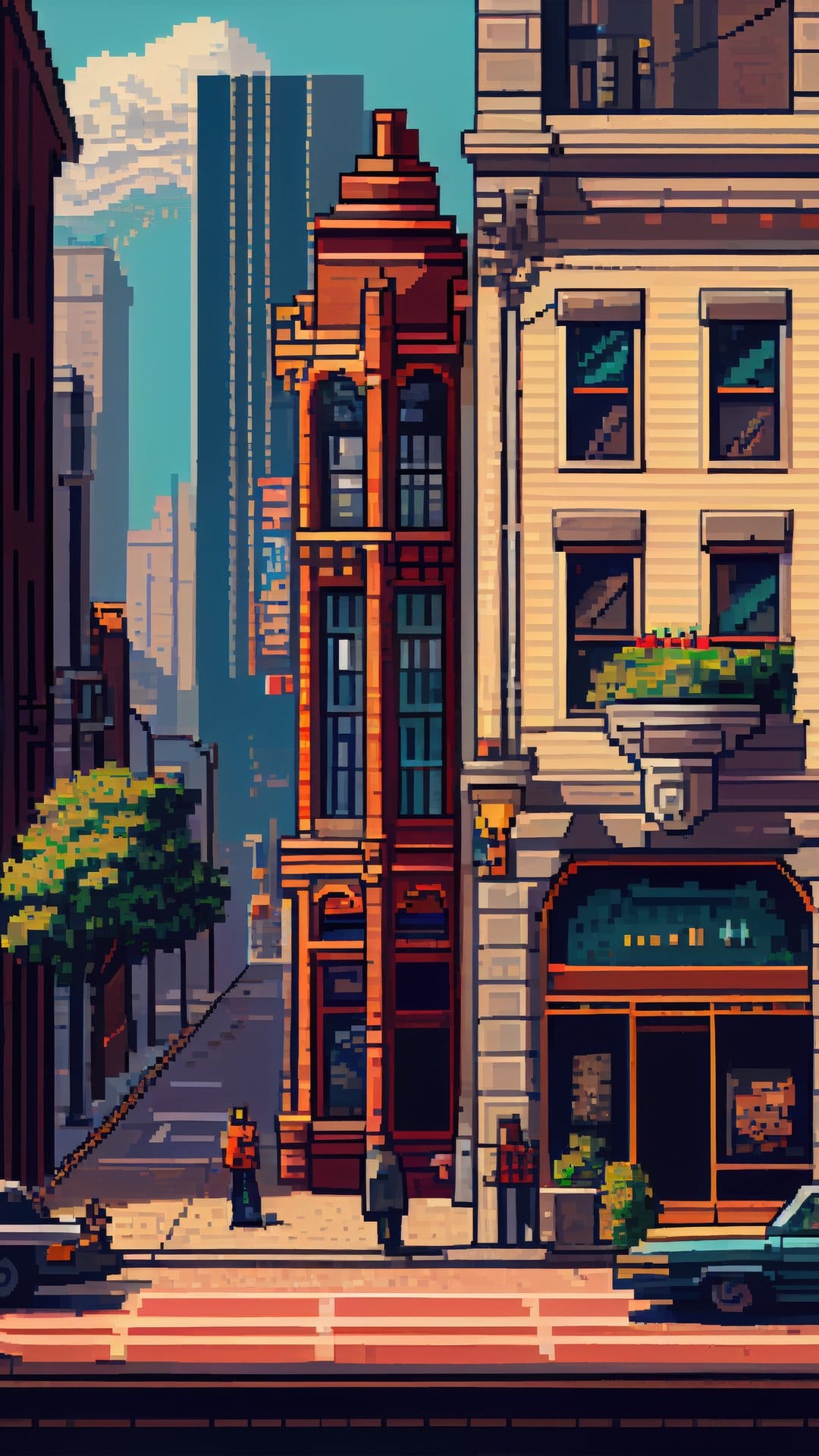 Metropolitan buildings with flower balconies loom over a pixel art street filled with pedestrians and parked cars.