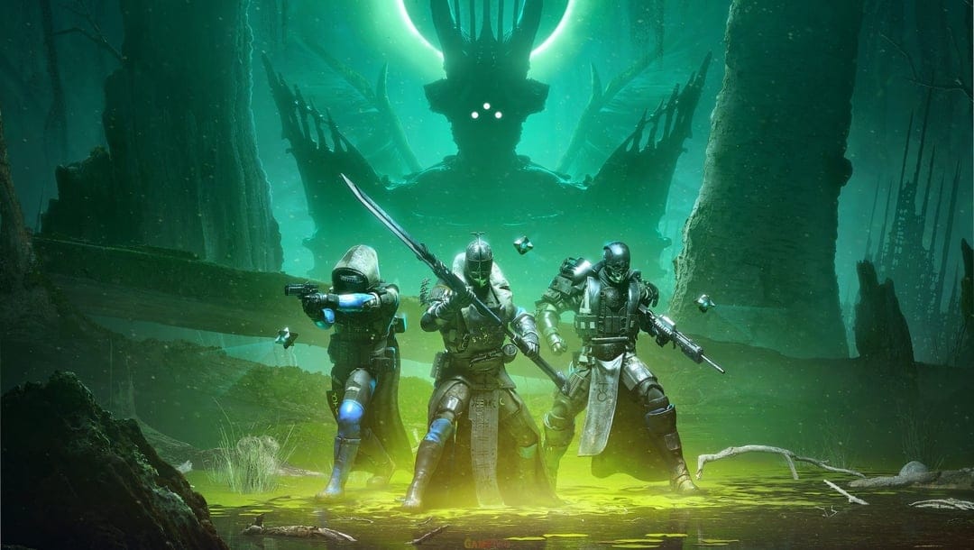Three armored warriors pose in a glowing green swamp beneath a massive dark silhouette with three white eyes.