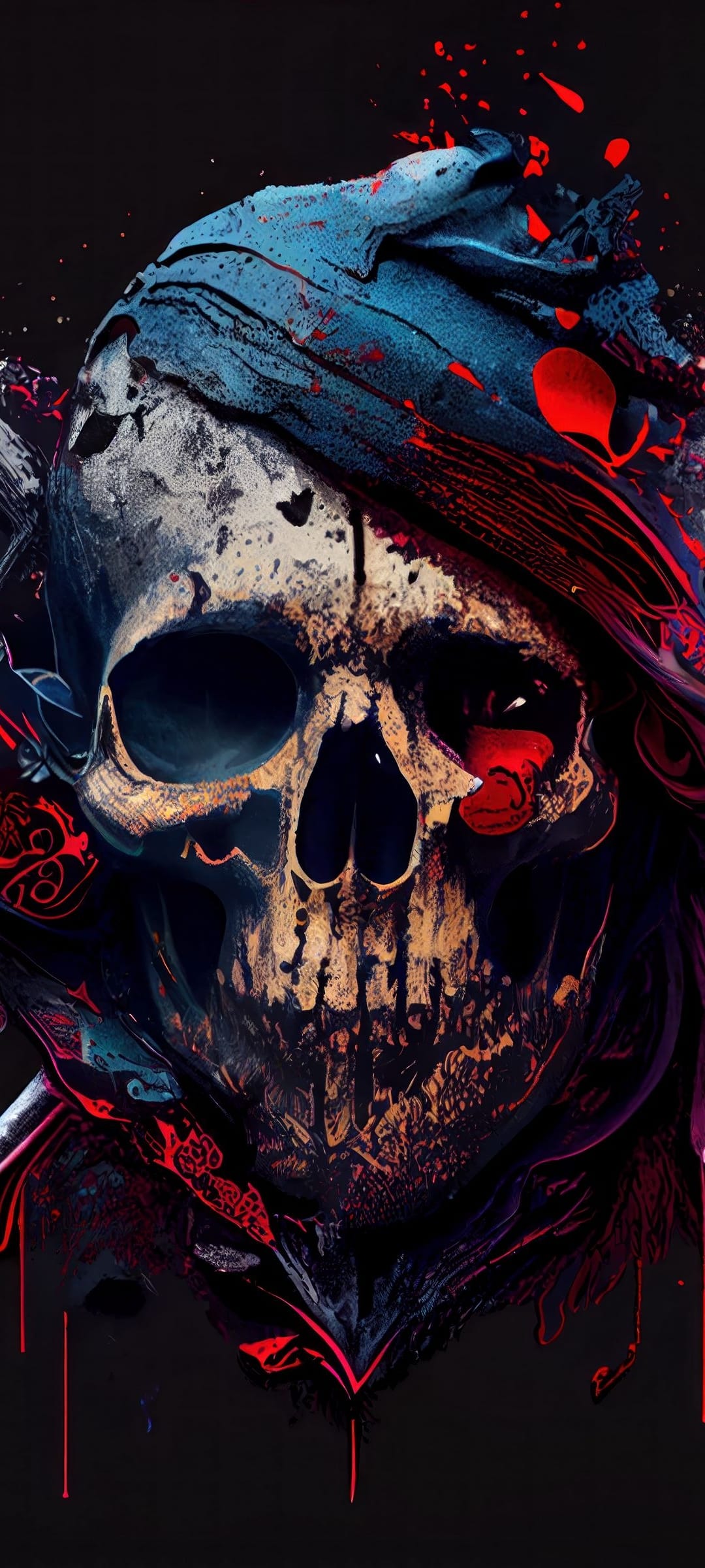 Human skull draped in blue fabric with vibrant red paint splatters against a dark, shadowy background.