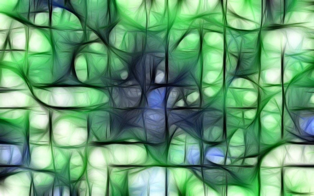 Emerald and azure fractal swirls form organic, leaf-like patterns with intricate, glowing textures and depth.