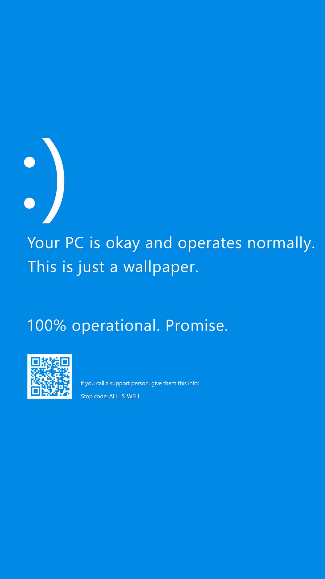 Blue system error screen with white text, a square QR code, and a joke stop code for a mobile backdrop.