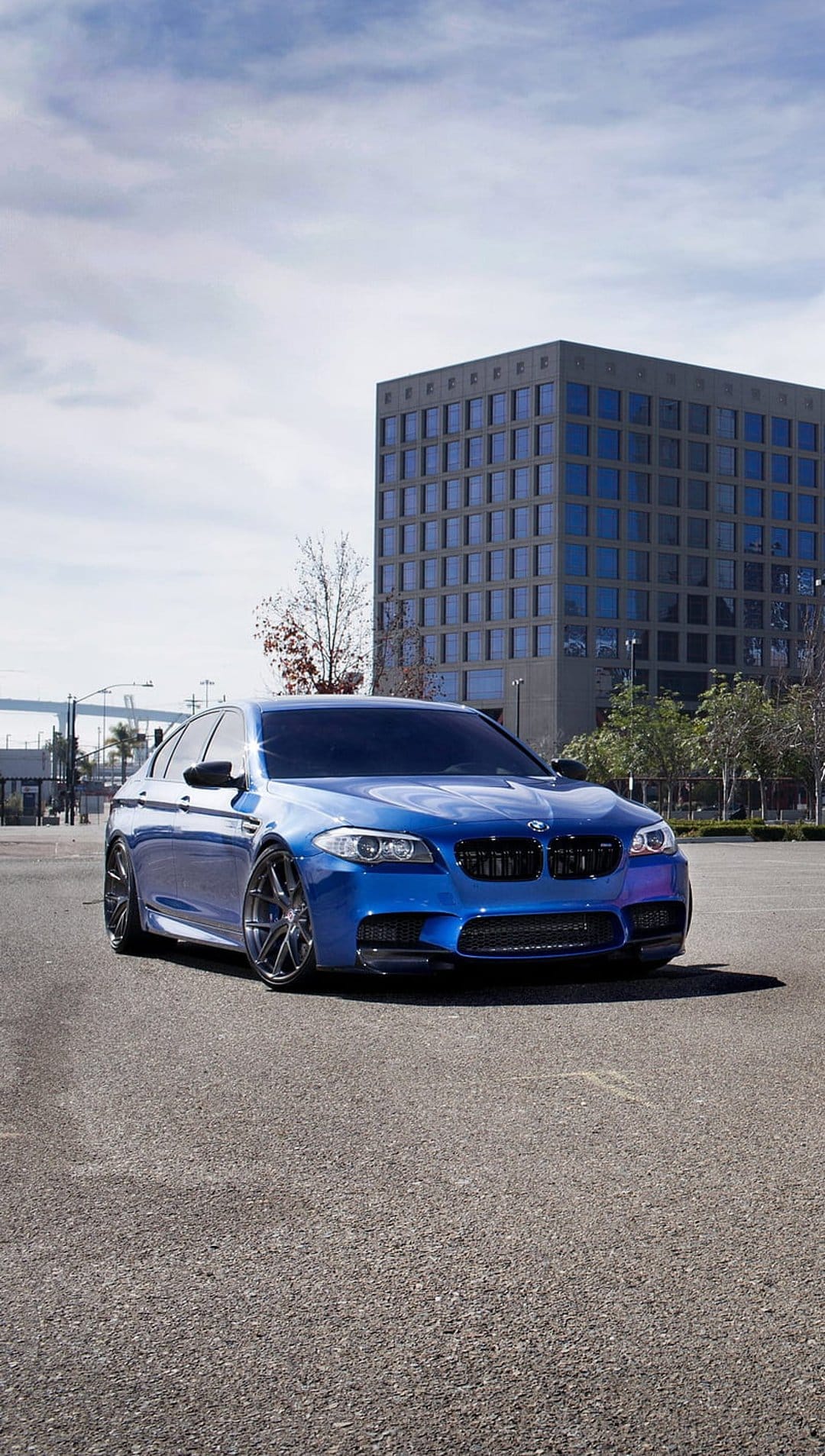 Blue BMW M5 sedan parked on asphalt in front of a glass building under a cloudy sky with low-angle perspective.