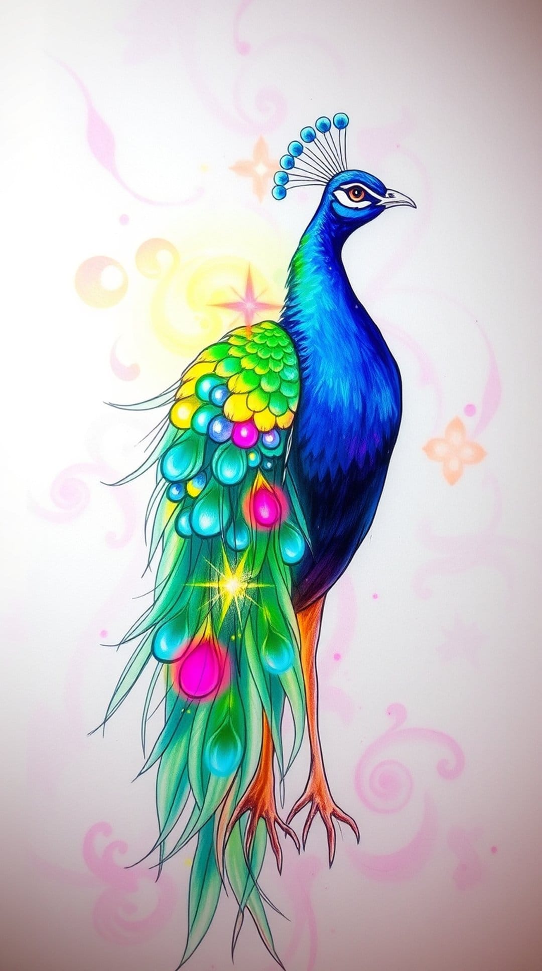 Peacock with blue plumage and a long tail decorated with glowing pink and teal droplets amidst golden bokeh lights.