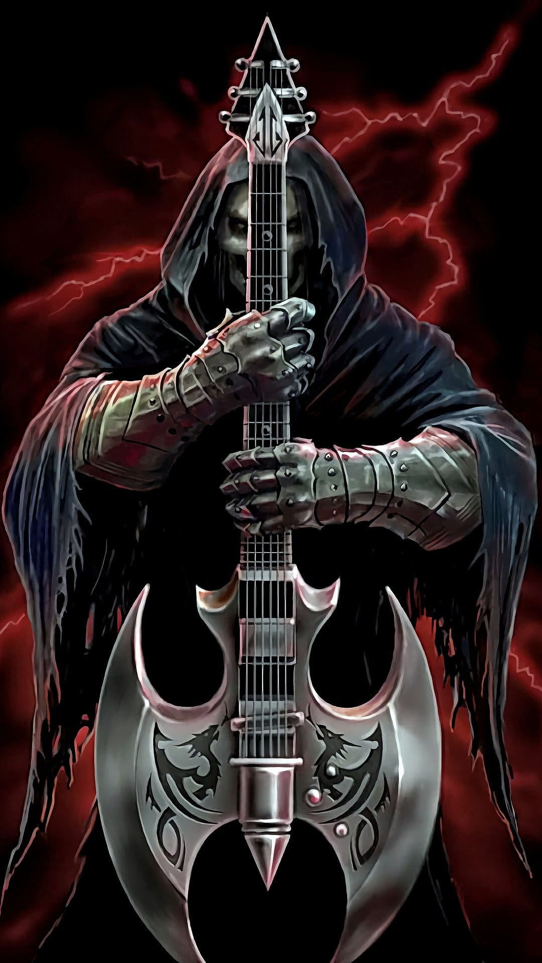 Skeletal reaper wearing black robes and metal gauntlets plays an axe-shaped guitar amid red lightning bolts.