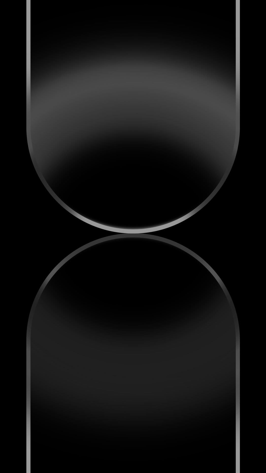 Symmetrical silver hourglass shape with curved gray segments centered on a deep black vertical background.
