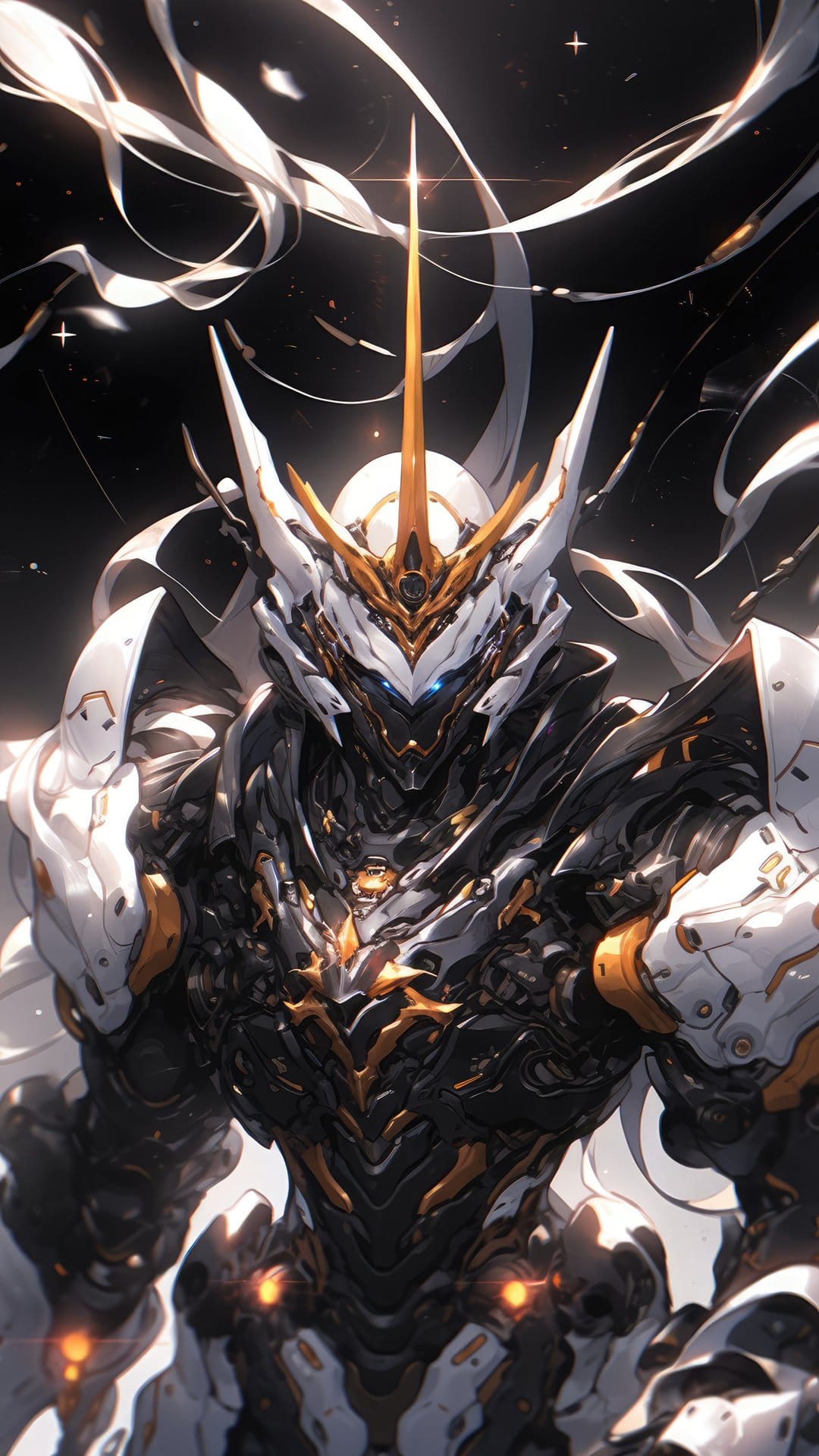 White and gold mecha warrior with glowing blue eyes and swirling energy wisps against a dark cosmic backdrop.