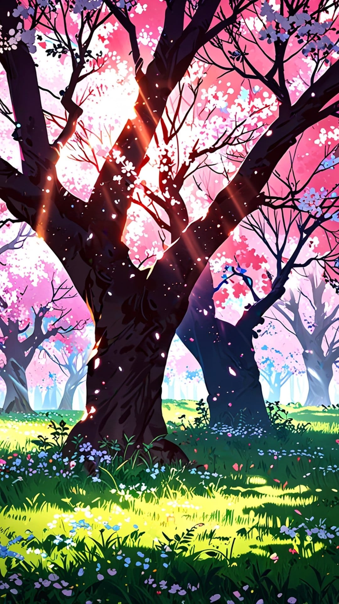Cherry blossom trees glow in warm sunlight as pink petals fall onto a green meadow with small wildflowers.