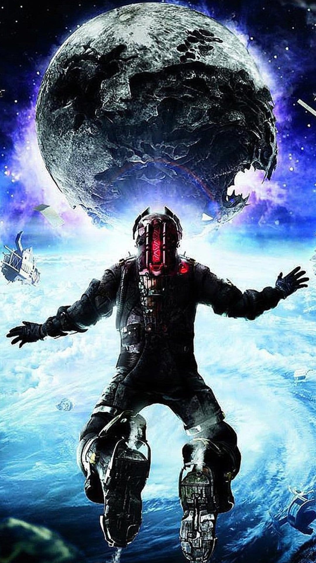 Isaac Clarke in a space suit with red glowing lights floating above a giant cracked moon and a blue planet.