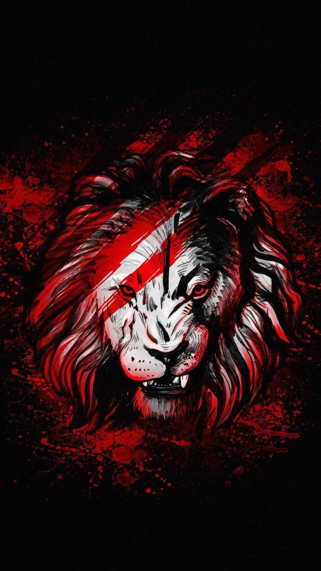 Lion head with a red stripe and glowing eyes emerges from black and white paint splatters on a vertical display.