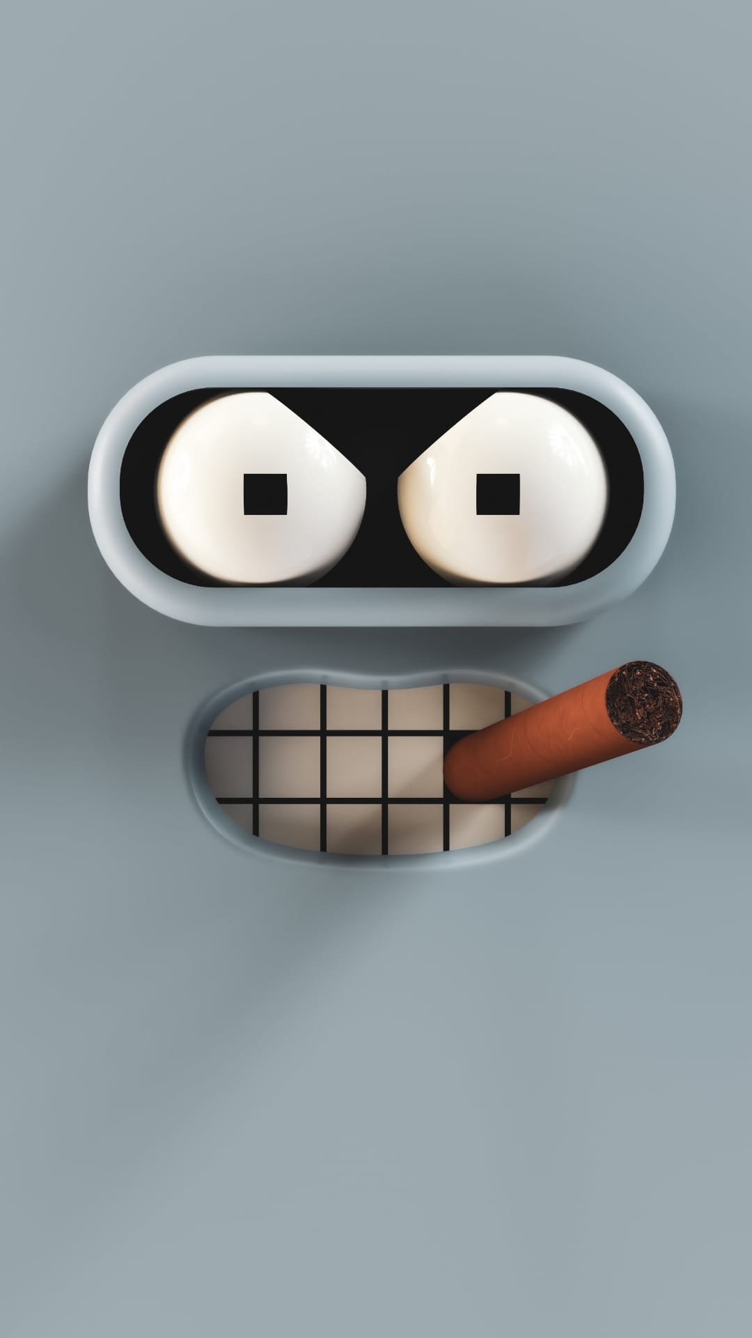 Bender the robot from Futurama glares forward with a lit cigar between his teeth against a gray background.