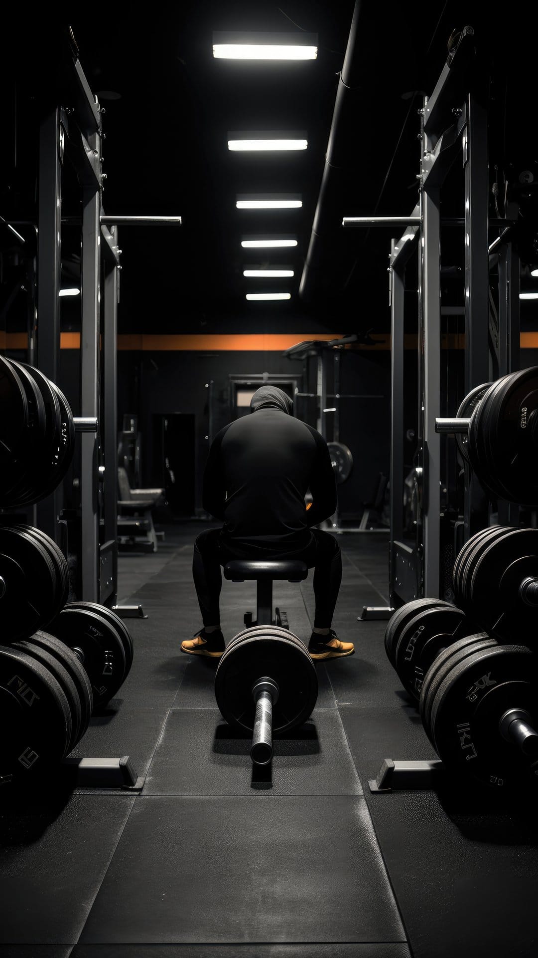 Man in a black hoodie sits on a gym bench facing away from the camera near a loaded barbell and weight racks.