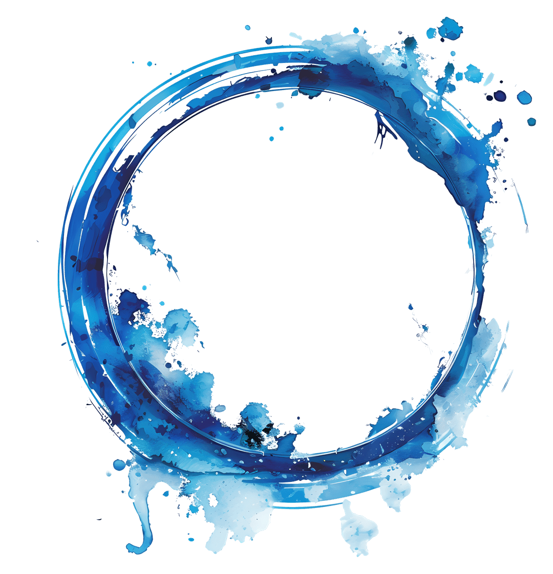 Blue watercolor circle with textured pigment edges and translucent indigo washes over a transparent background.