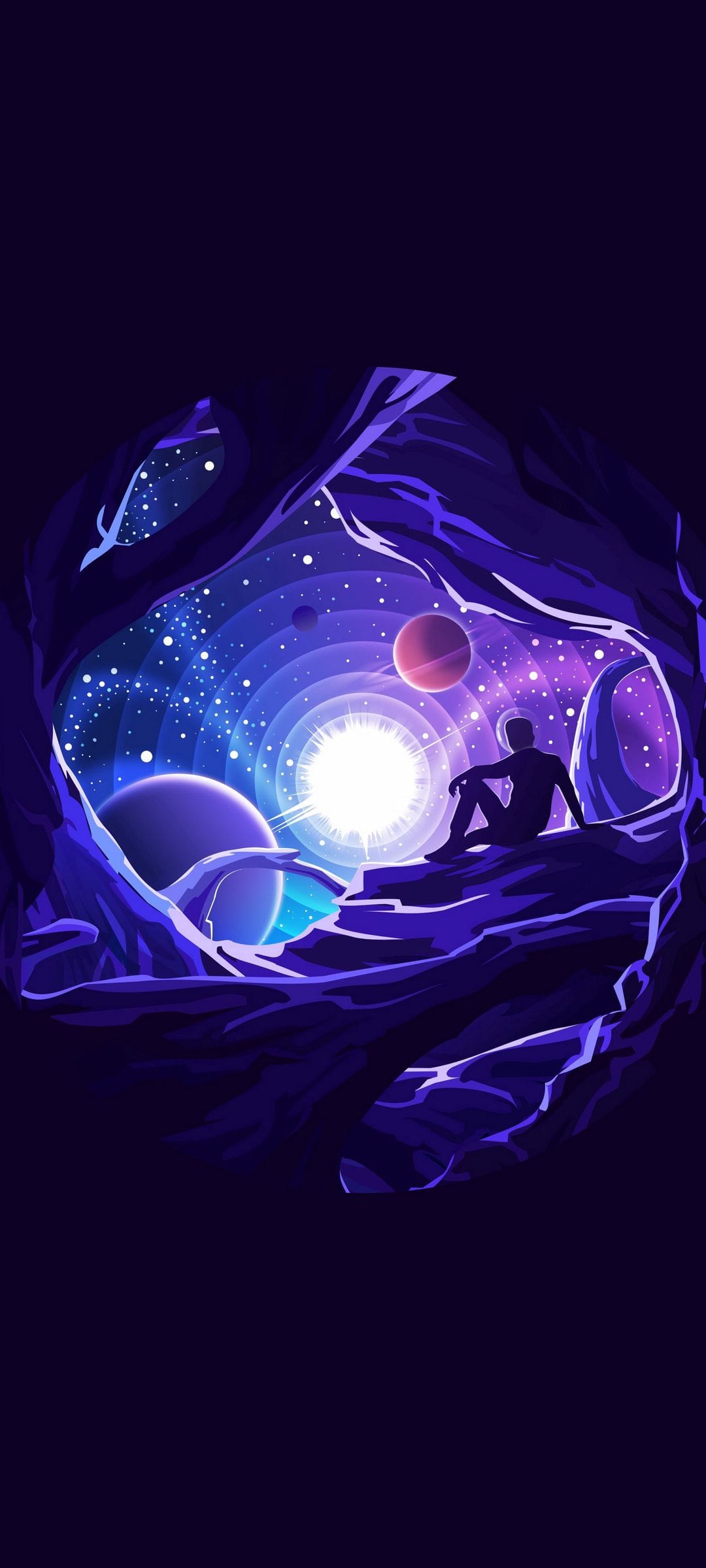 Silhouetted person sits on a rock ledge inside a cave looking out at a vibrant purple nebula and distant planets.