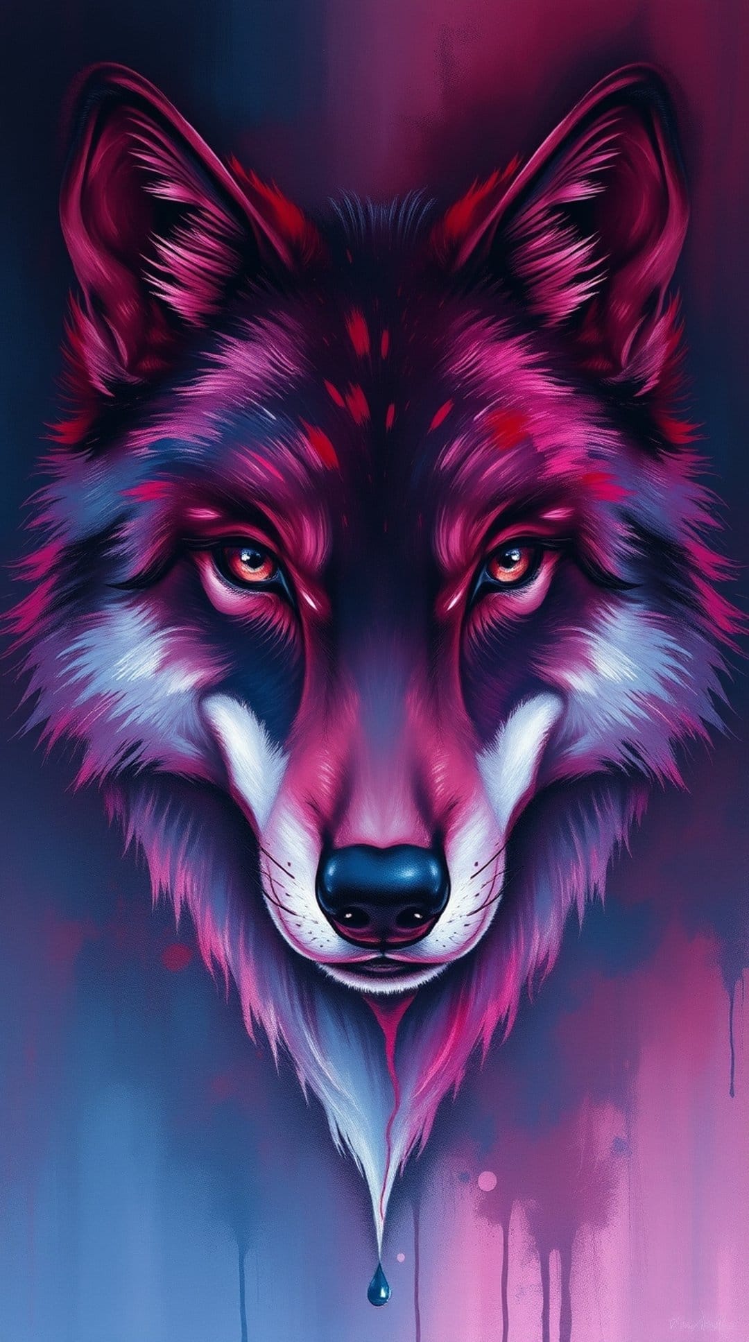 Wolf head with glowing magenta and cyan fur textures and liquid paint droplets on a dark vertical background.