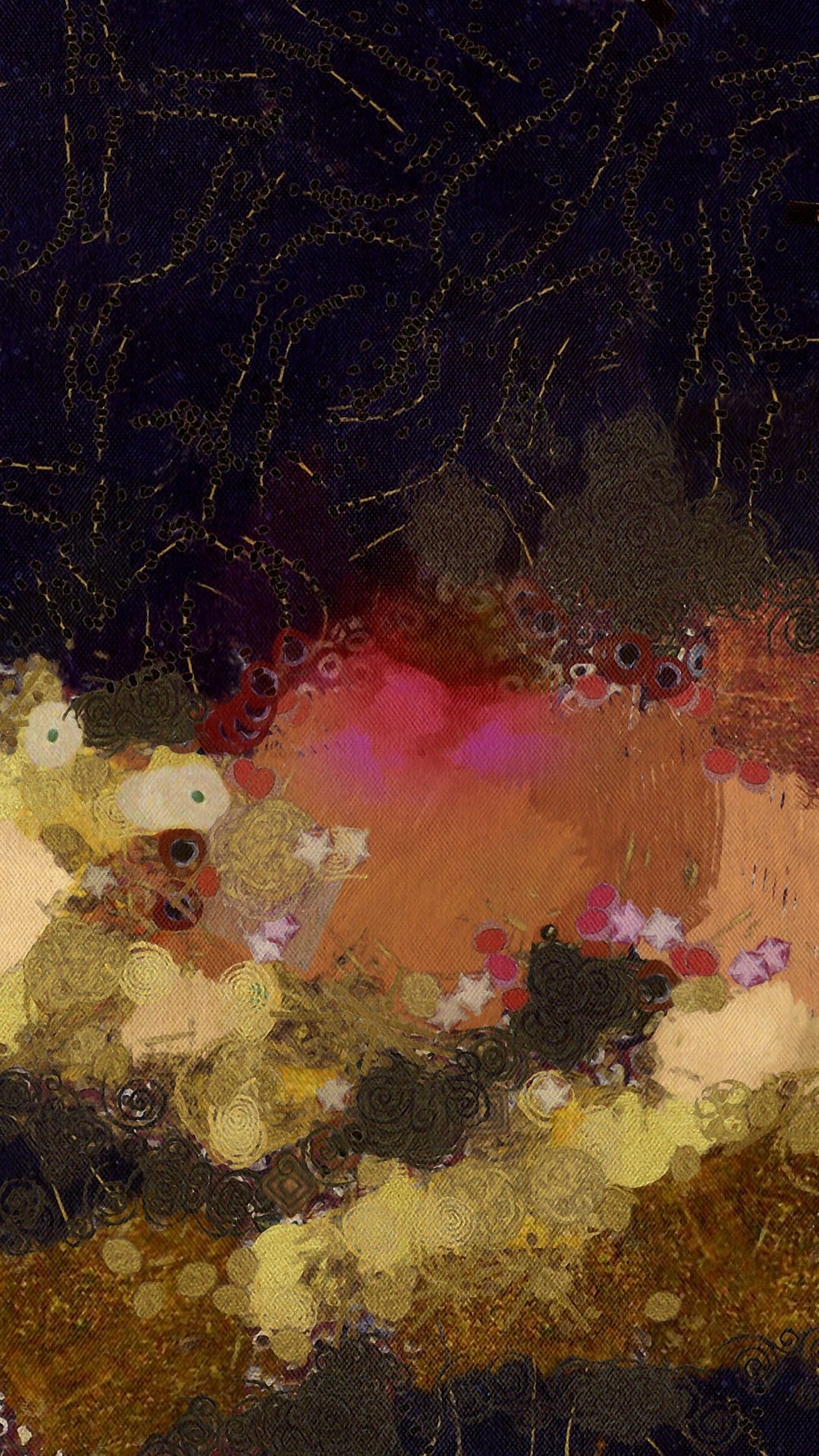 Swirling gold and bronze patterns accented with pink and orange splashes over a dark textured backdrop.