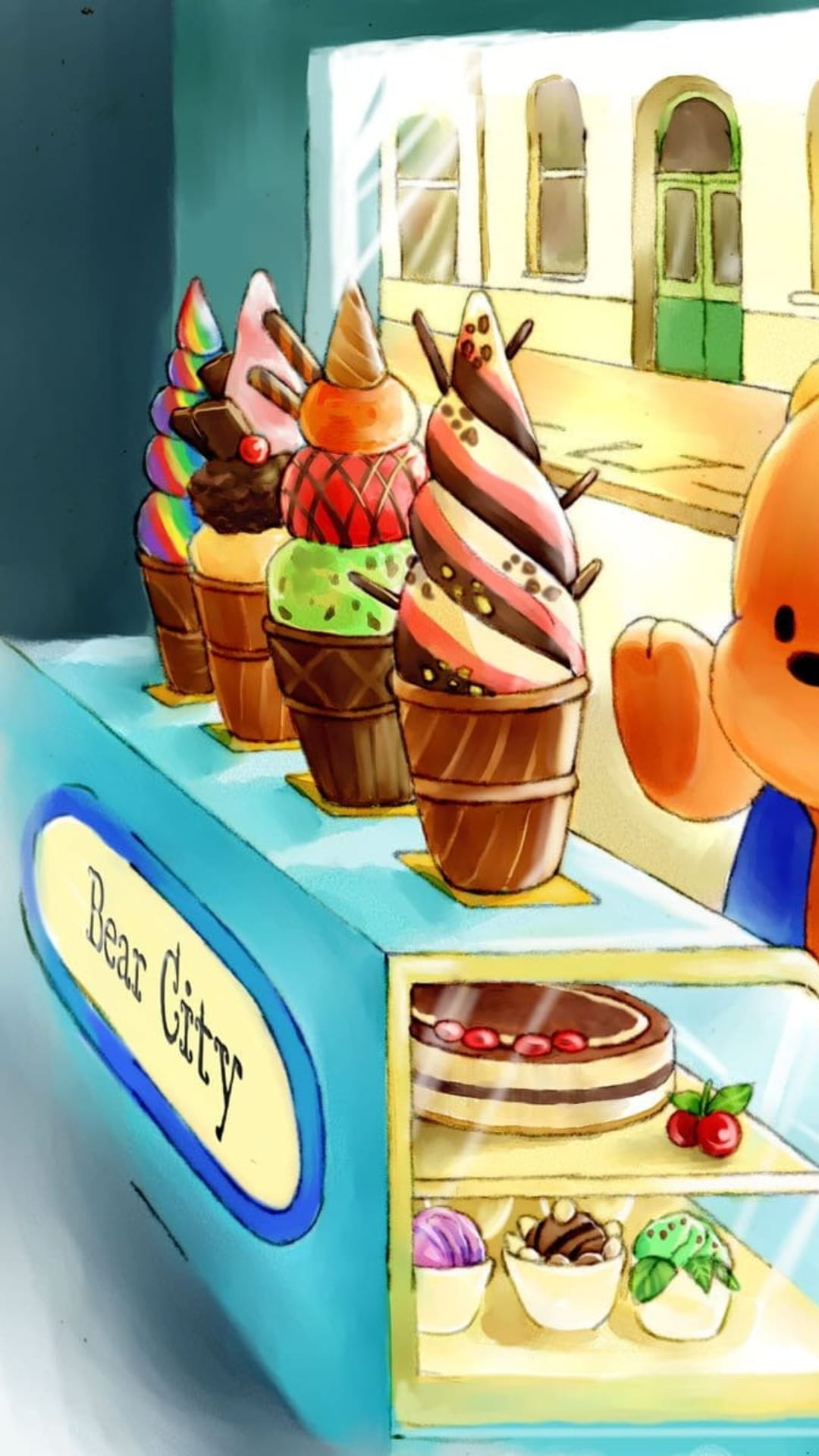 Friendly bear in a blue uniform stands behind a counter filled with multi-colored ice cream and tiered cakes.