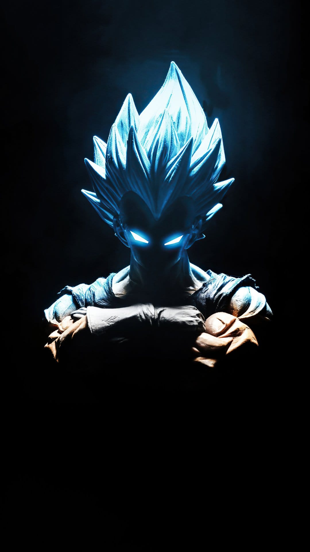 Vegeta with glowing blue hair and eyes stands against a dark background with flickering cyan energy particles.