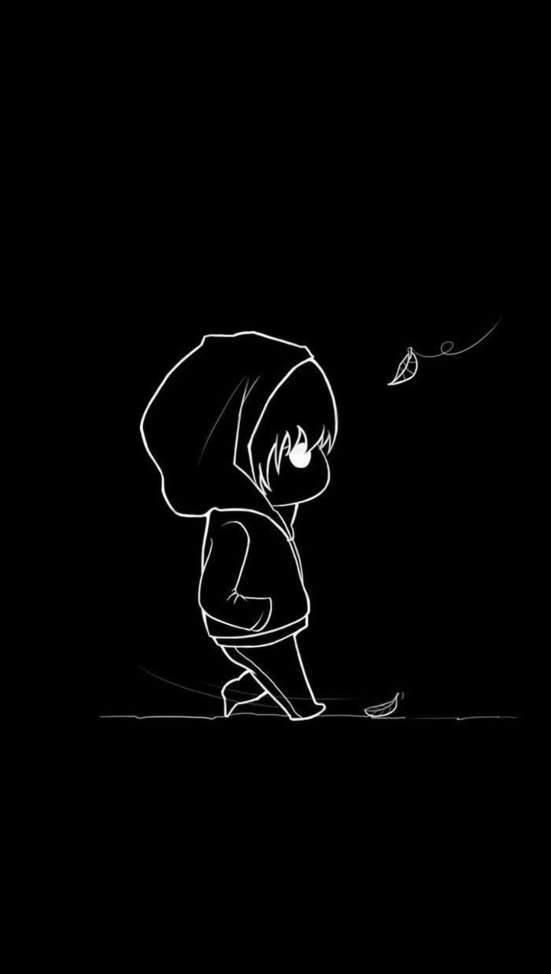 Sad anime child in a hoodie walks alone as a single leaf drifts down in a minimalist black and white scene.