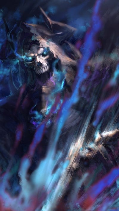 skull, dark fantasy, blue eyes, glowing eyes, fantasy art