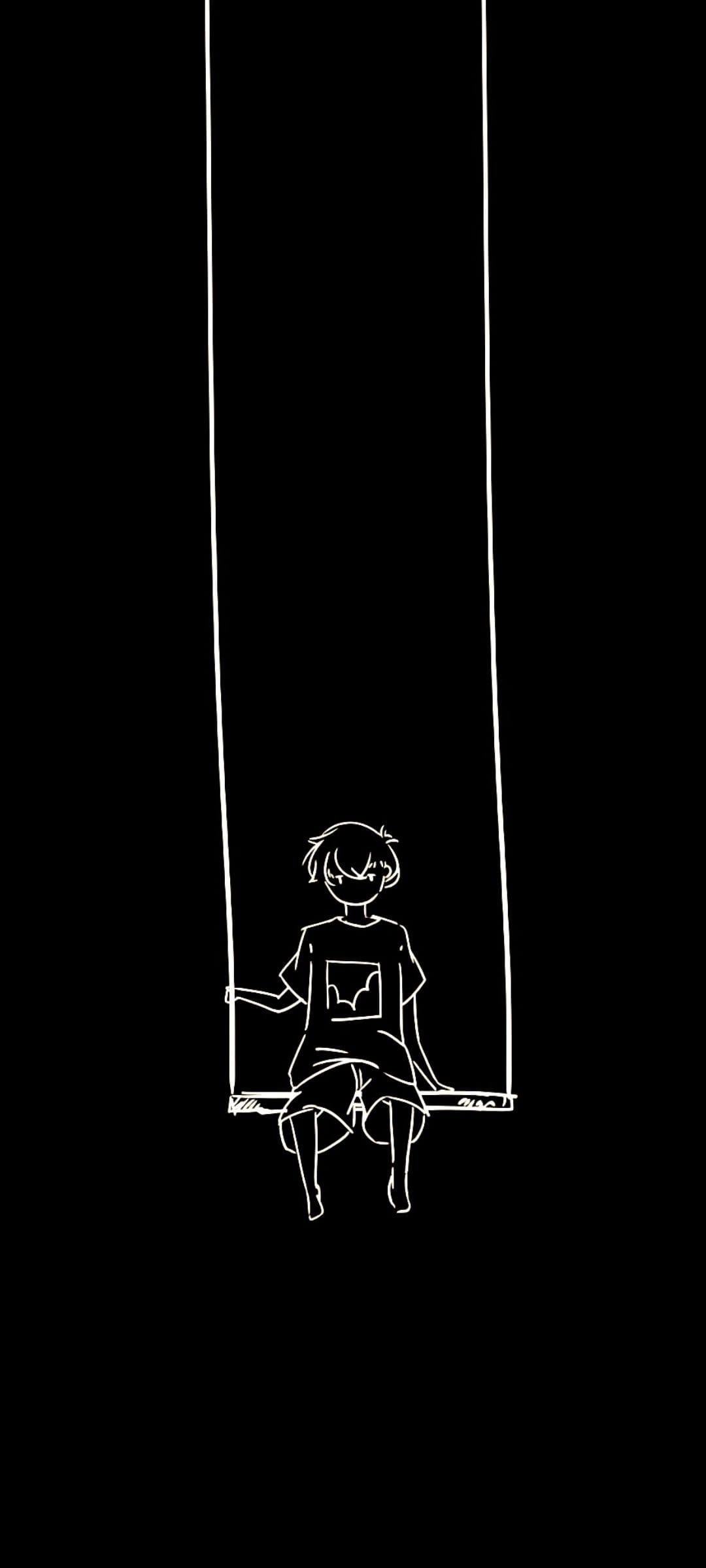 Child sitting on a swing in white line art against a solid black background, showing a minimalist silhouette.