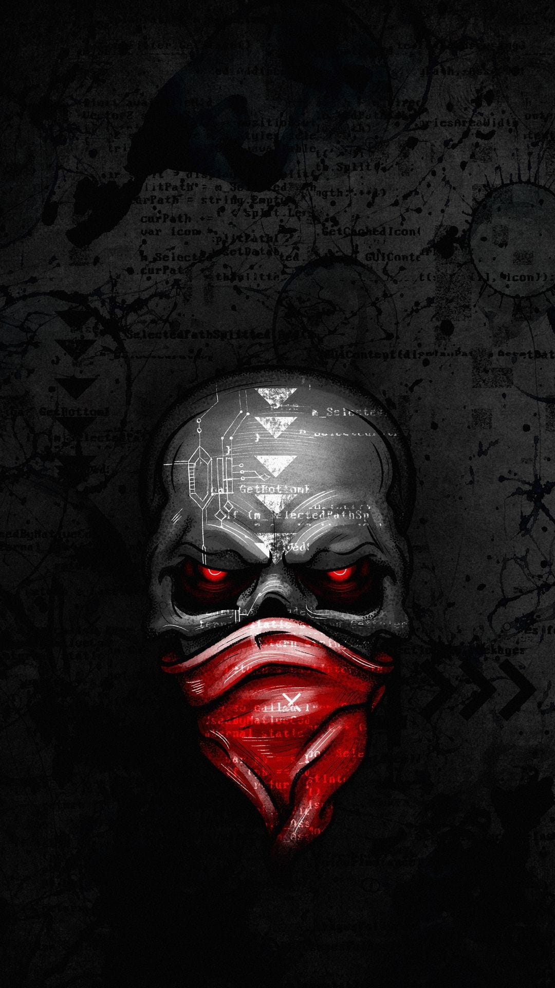 Skull with red bandana and glowing eyes over a dark background filled with circuitry and lines of computer code.